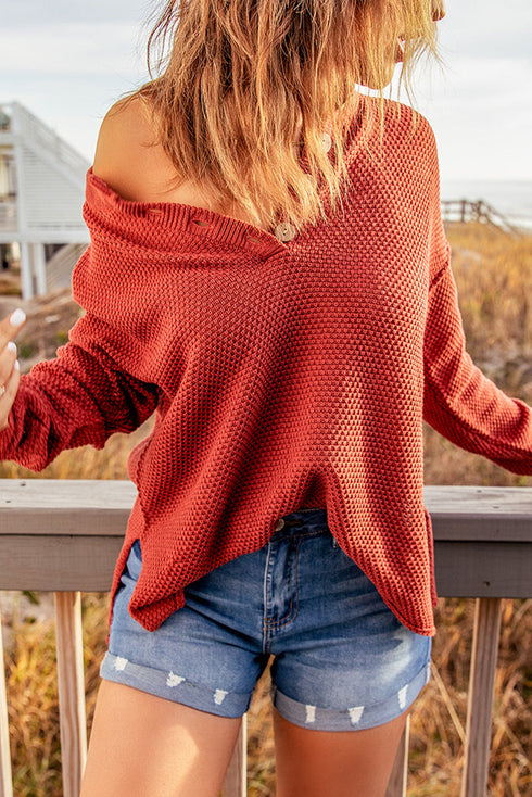 Henley Button Placket Side Slit Drop Shoulder Pullover Knit Sweater